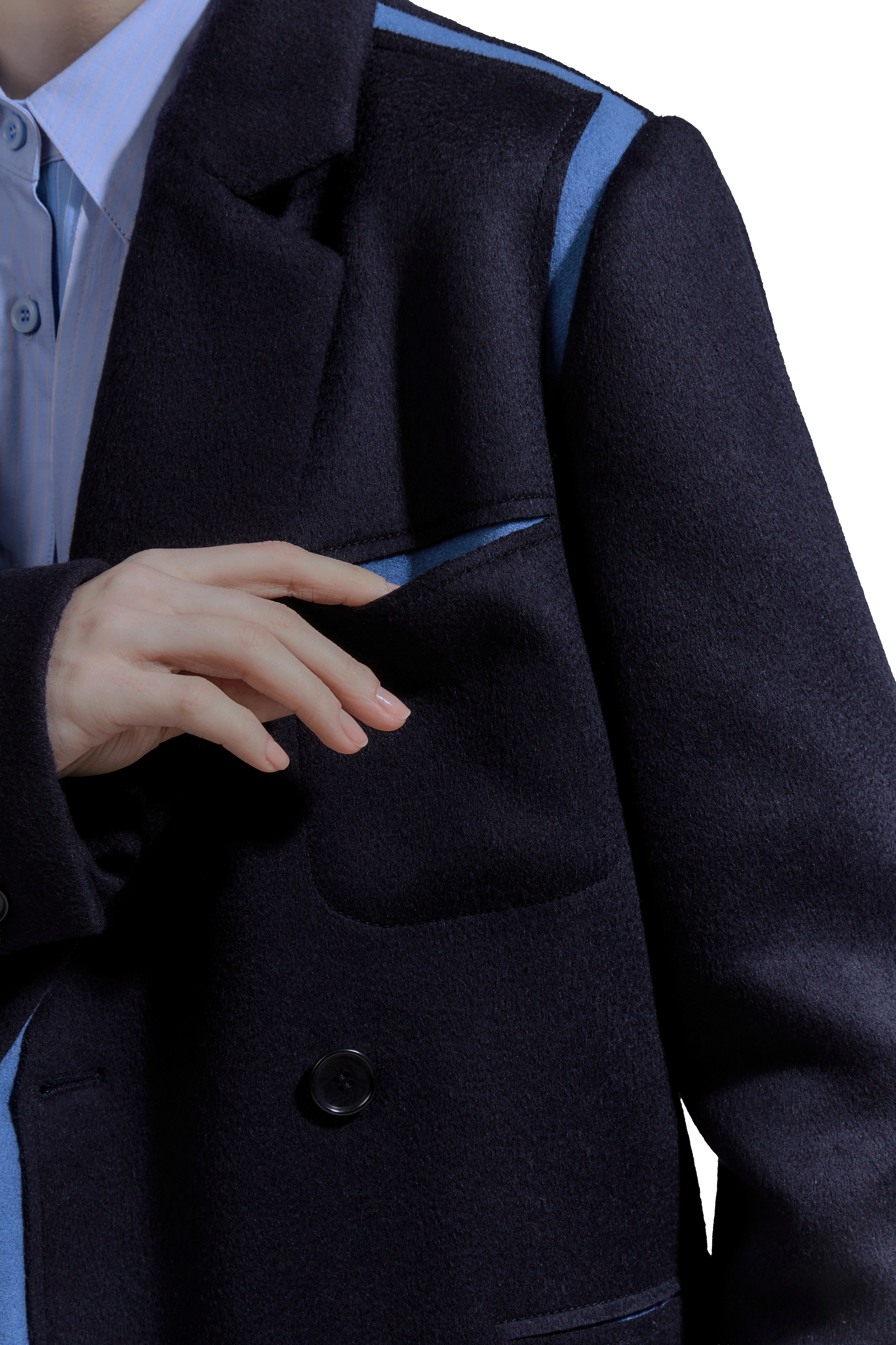 The Sculptural Stitch Pocket & Raw-edge Coat (Navy-Blue Contrast)