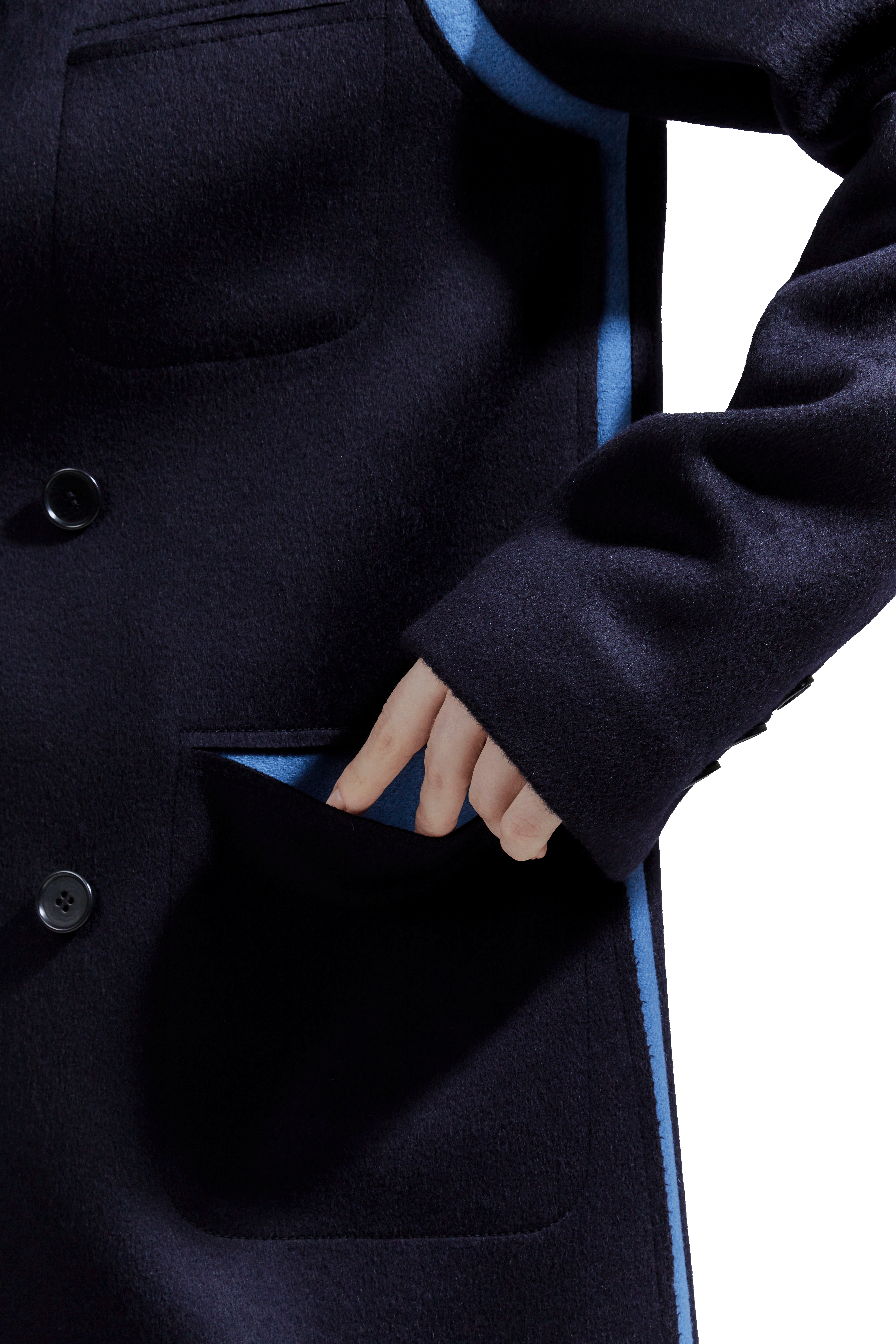 The Sculptural Stitch Pocket & Raw-edge Coat (Navy-Blue Contrast)