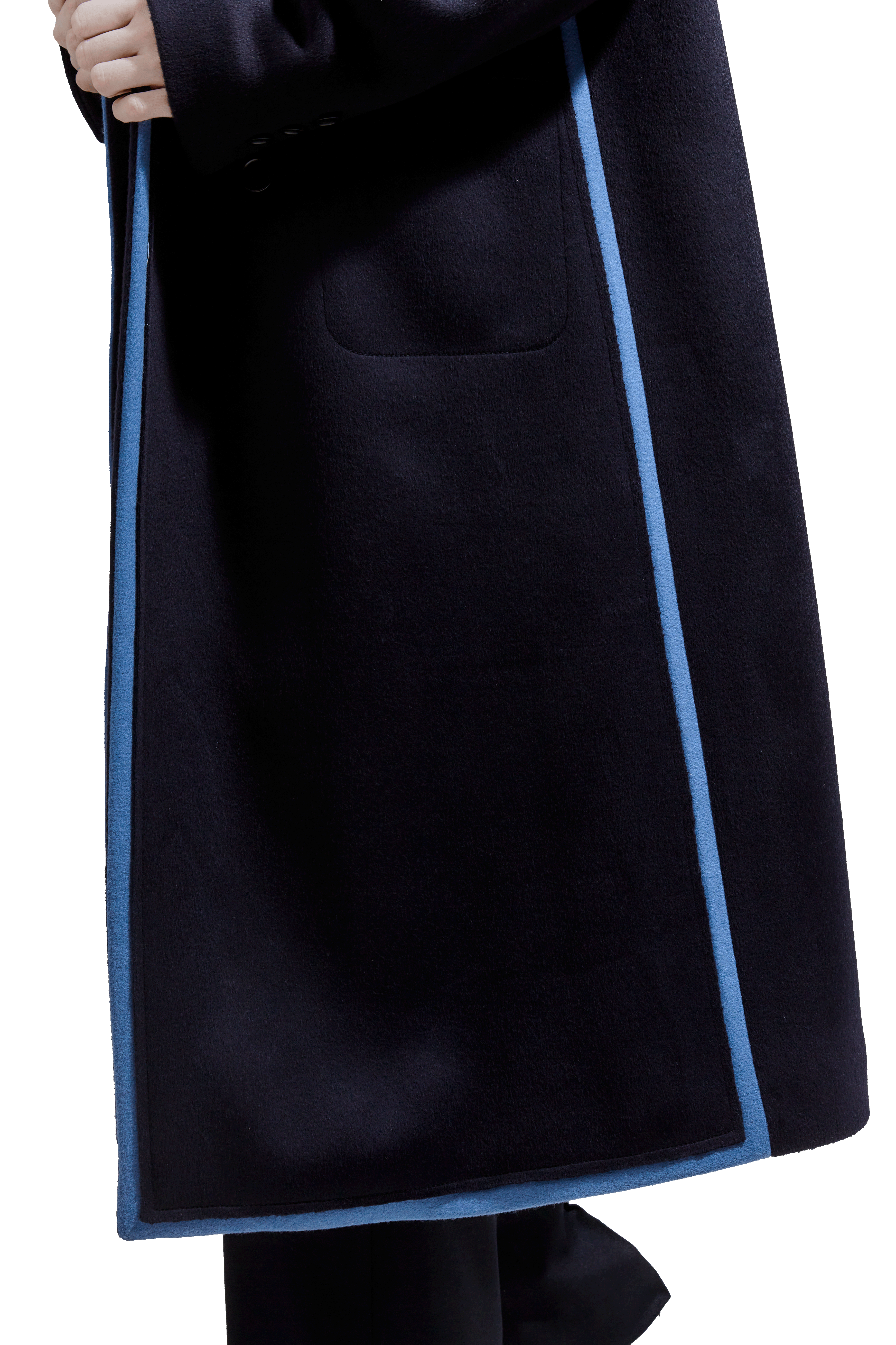 The Sculptural Stitch Pocket & Raw-edge Coat (Navy-Blue Contrast)