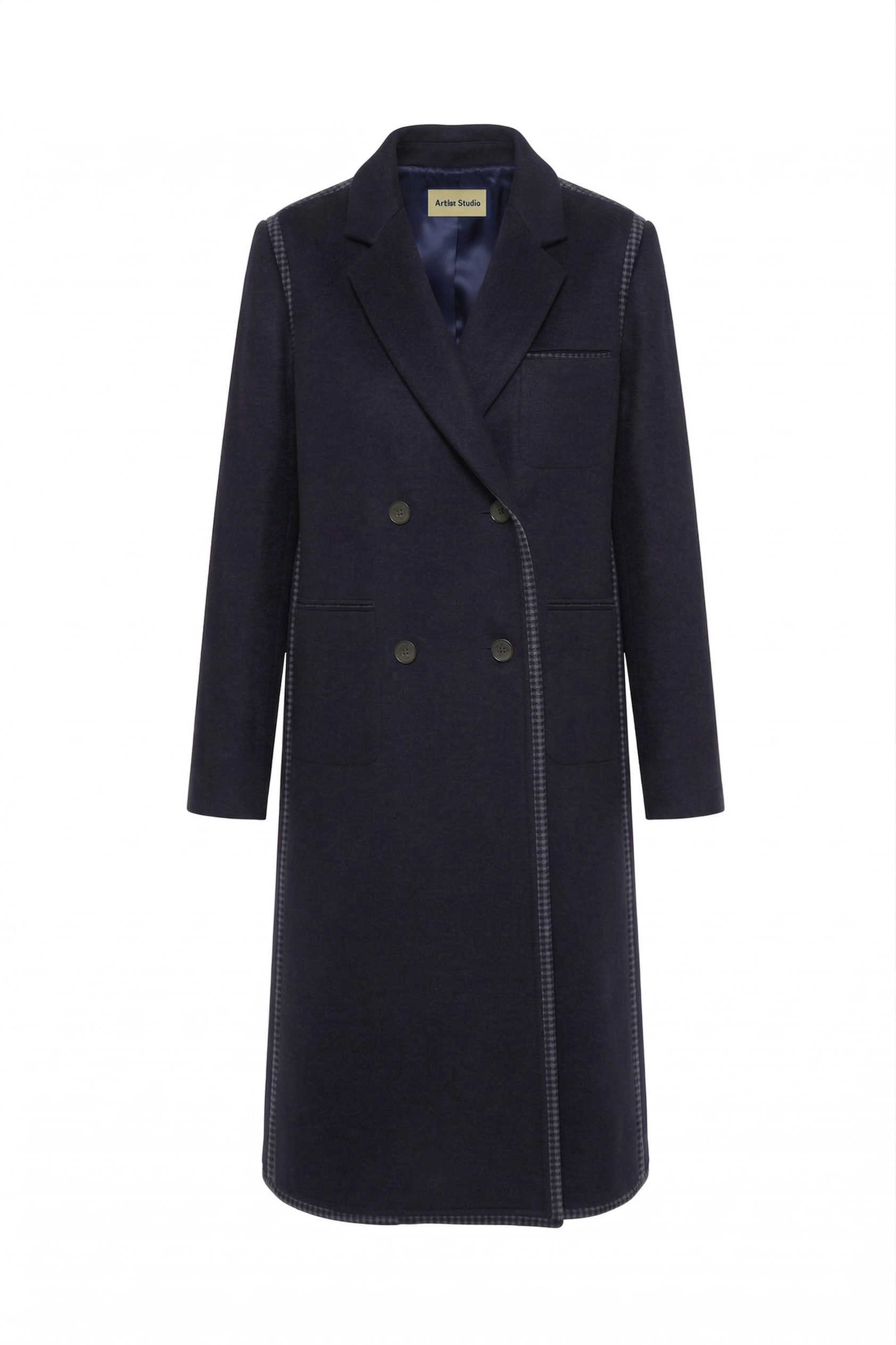 The Sculptural Stitch Pocket & Raw-edge Coat (Navy-Check Contrast)