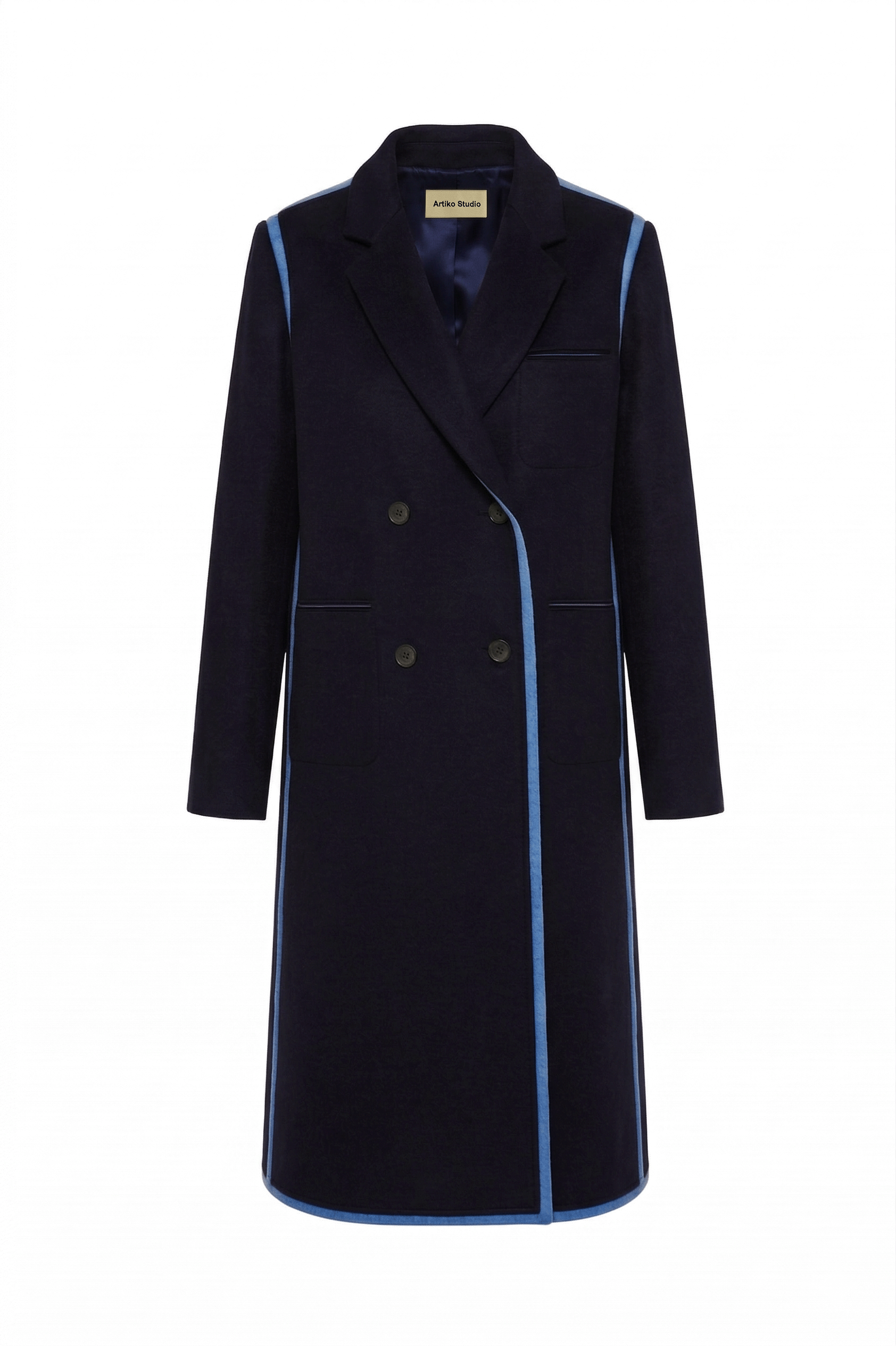 The Sculptural Stitch Pocket & Raw-edge Coat (Navy-Blue Contrast)